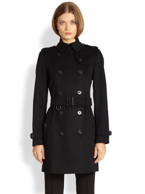 black burberry coat with plaid cuffs|Burberry coat with wool collar.